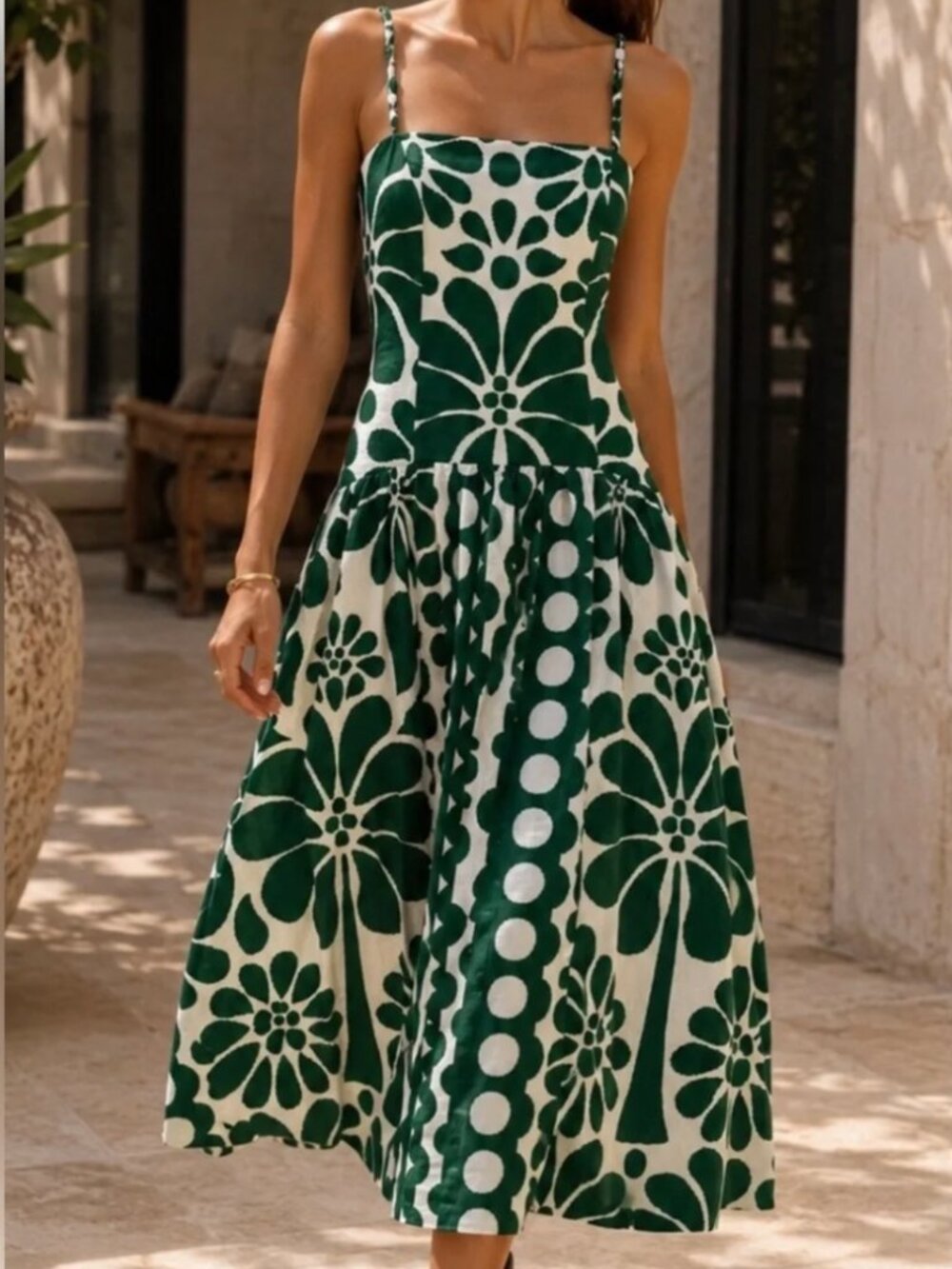 Caroline Constas Green and White Floral Midi Dress